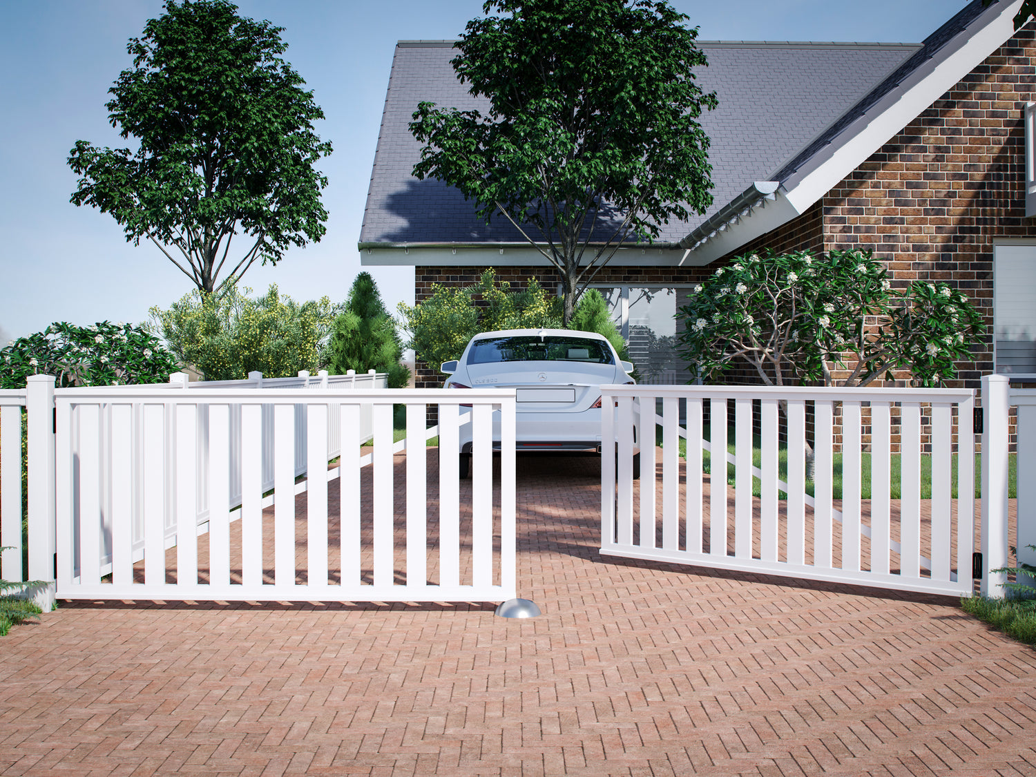 Railingzaun Kunststoff Doppeltor vor Einfahrt