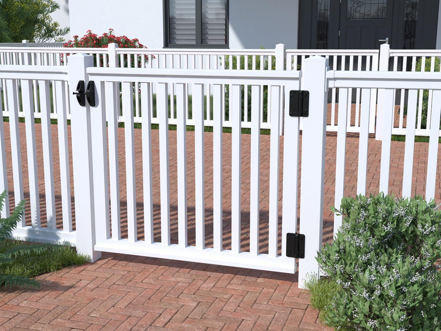 Railingzaun Kunststoff Pforte mit 35er Latte vor Gehweg